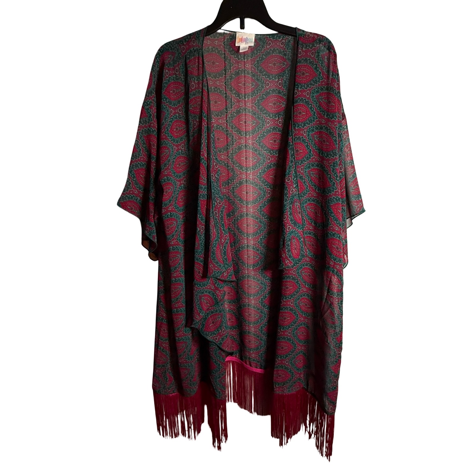 Lularoe Monroe Paisley Print Kimono Duster Fringe Pink Gray Size L Sheer Gypsy